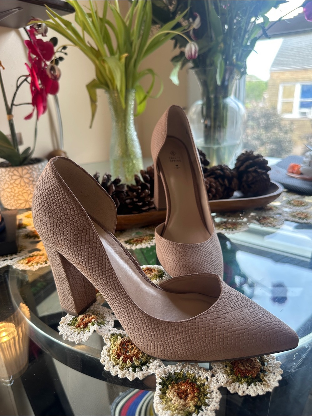 Call It Spring Taupe Textured Block Heel Pumps